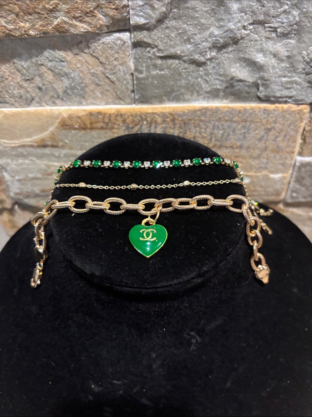 Gold Plated Bracelet stack with Green CC Heart Charm